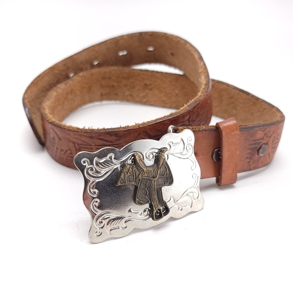 Vintage Hand Tooled Leather Belt M&F Western Horse Rodeo Saddle Buckle Brown 26